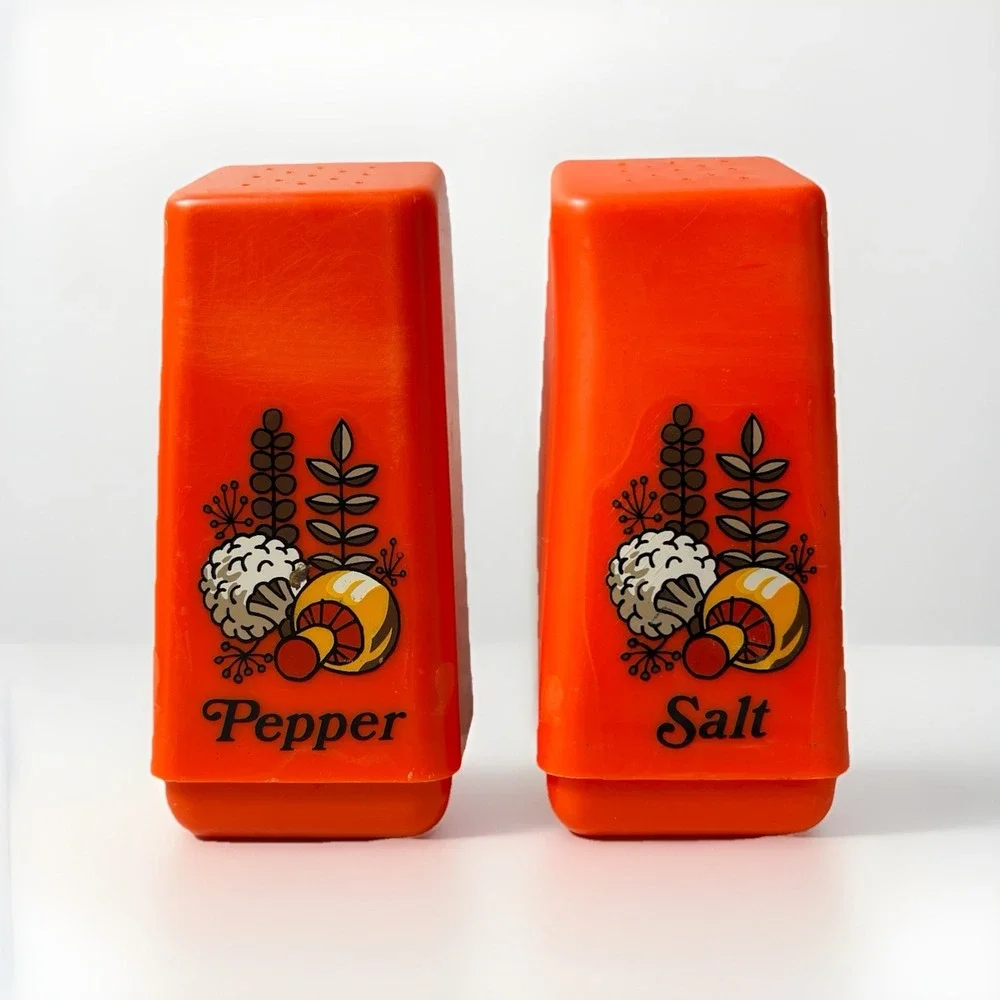 Vintage Salt Pepper Shakers Orange Mushroom Mid Century Modern Set